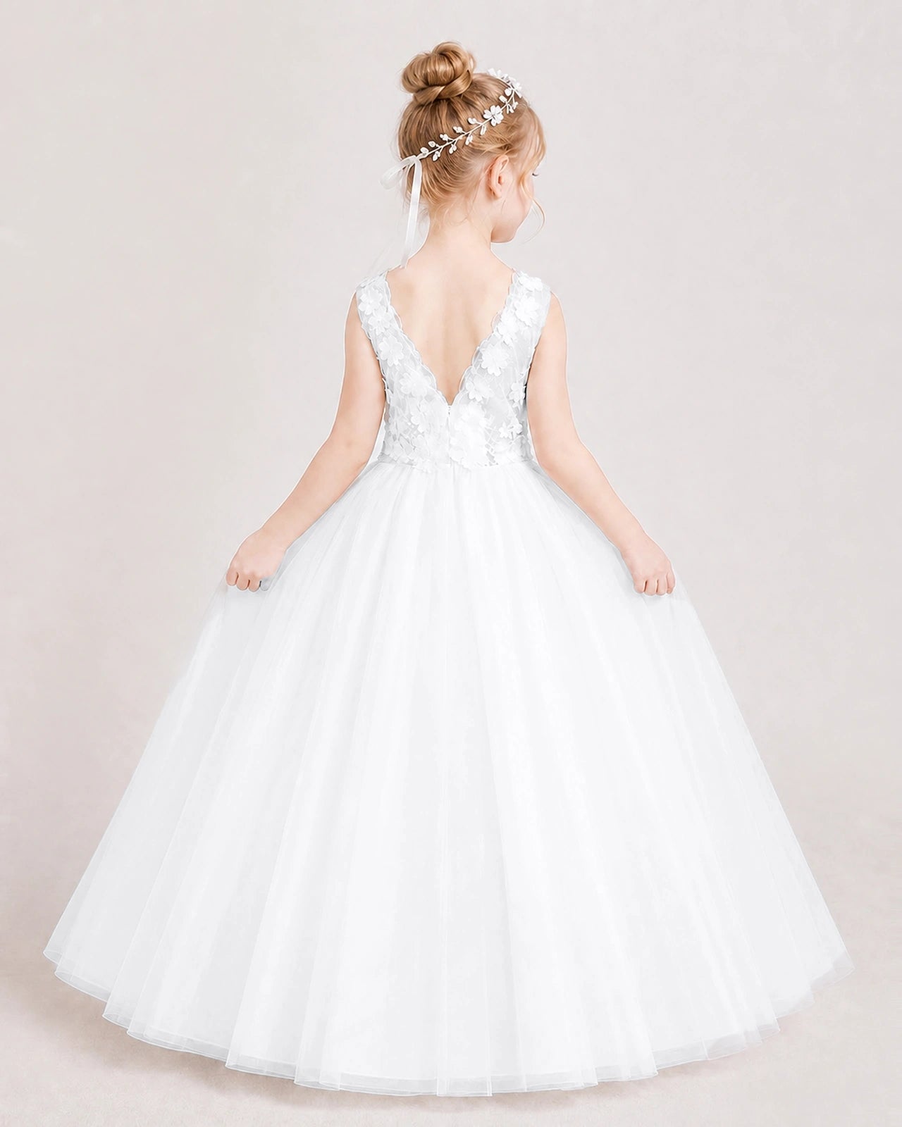 White Flower Girl Dress Lace Bodice Puffy Tulle Princess Gown Front Full Pose Back View