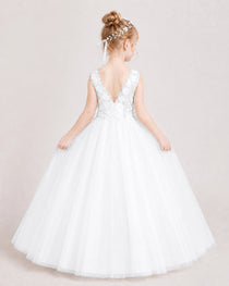 White Flower Girl Dress Lace Bodice Puffy Tulle Princess Gown Front Full Pose Back View