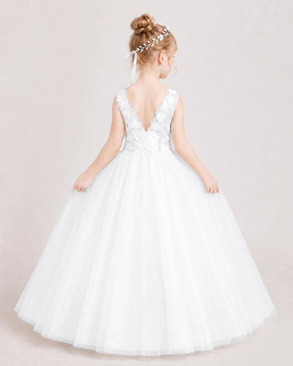 White Flower Girl Dress Lace Bodice Puffy Tulle Princess Gown Front Full Pose Back View