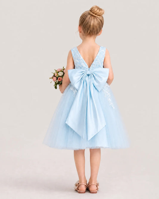 Dideyttawl Lace Satin Tulle Flower Girl Dress with Big Back Bow
