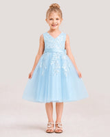 Baby Blue Satin Tulle V-Neck A-Line Flower Girl Dresses Front View