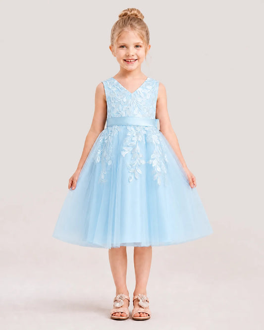 Dideyttawl Lace Satin Tulle Flower Girl Dress with Big Back Bow