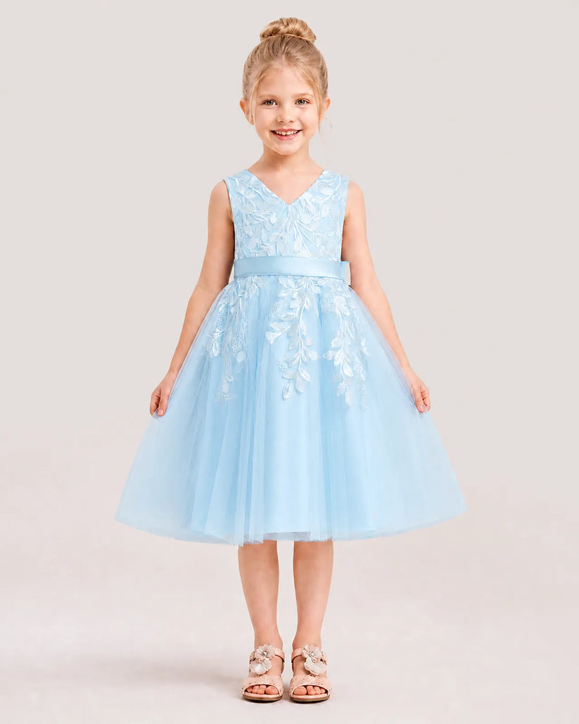 Baby Blue Satin Tulle V-Neck A-Line Flower Girl Dresses Front View