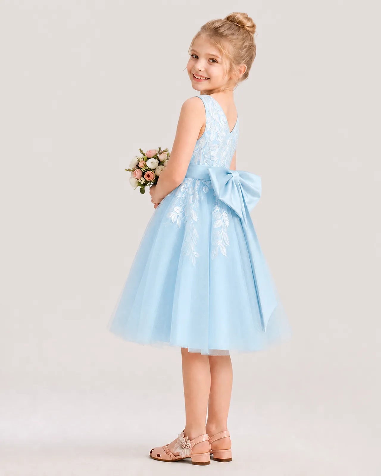 Dideyttawl Lace Satin Tulle Flower Girl Dress with Big Back Bow