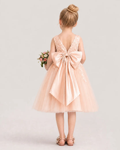 Dideyttawl Lace Satin Tulle Flower Girl Dress with Big Back Bow