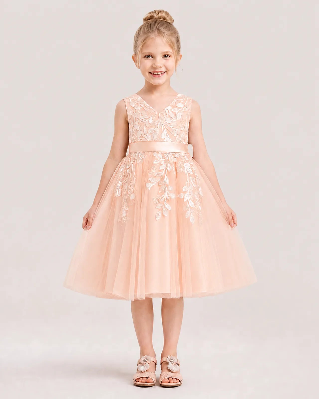Blush Pink Satin and Tulle V-Neck A-Line Flower Girl Dresses Front View