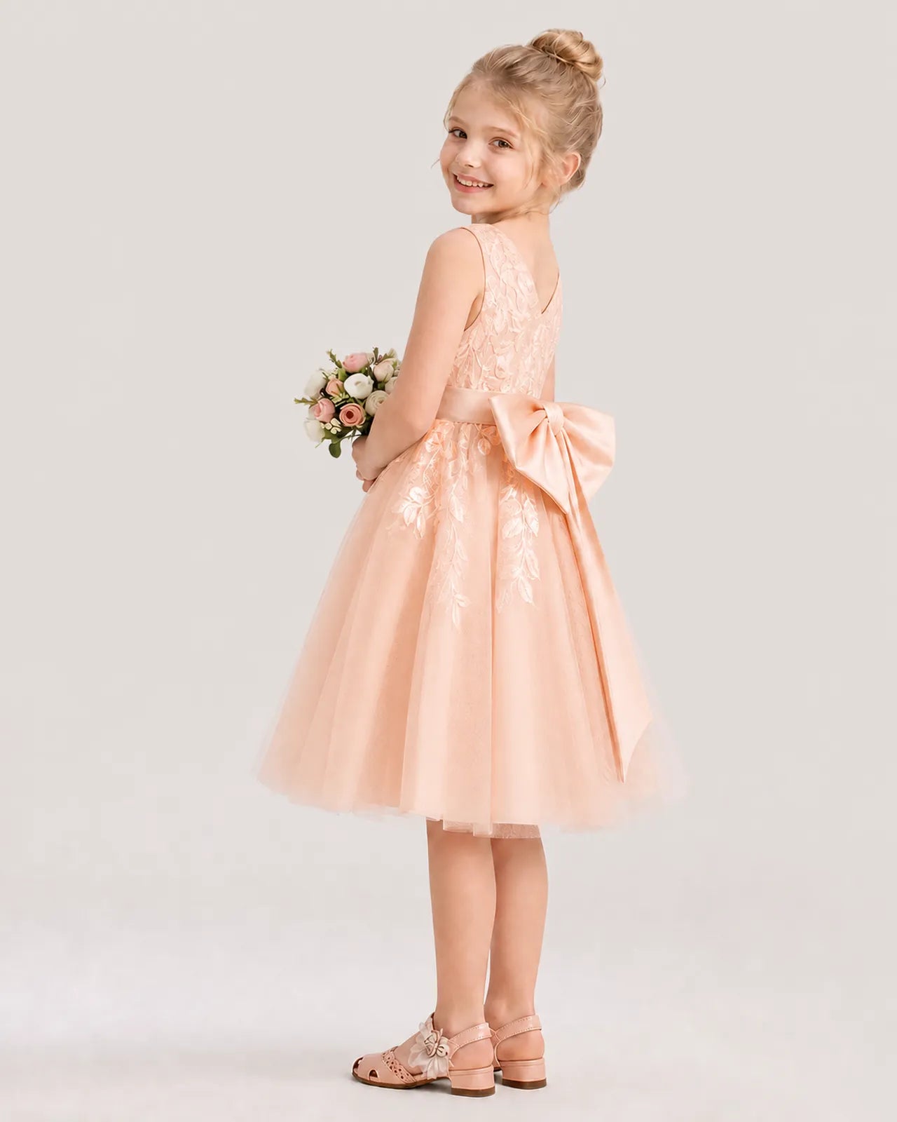 Dideyttawl Lace Satin Tulle Flower Girl Dress with Big Back Bow