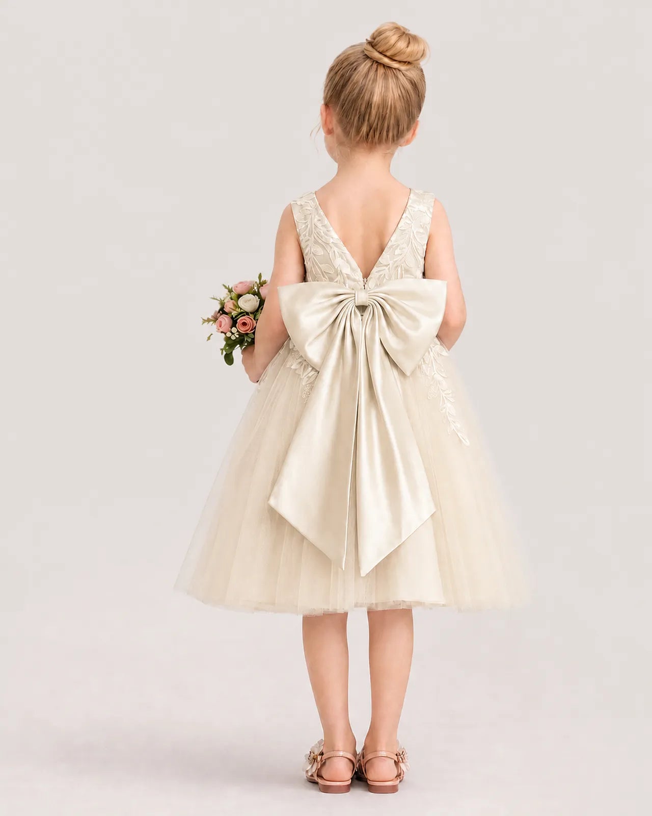 Dideyttawl Lace Satin Tulle Flower Girl Dress with Big Back Bow