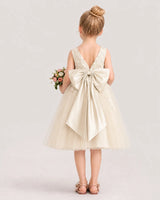 Champagne Satin and Tulle A-Line Flower Girl Dresses Back View