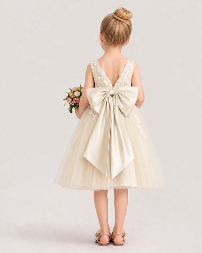 Dideyttawl Lace Satin Tulle Flower Girl Dress with Big Back Bow