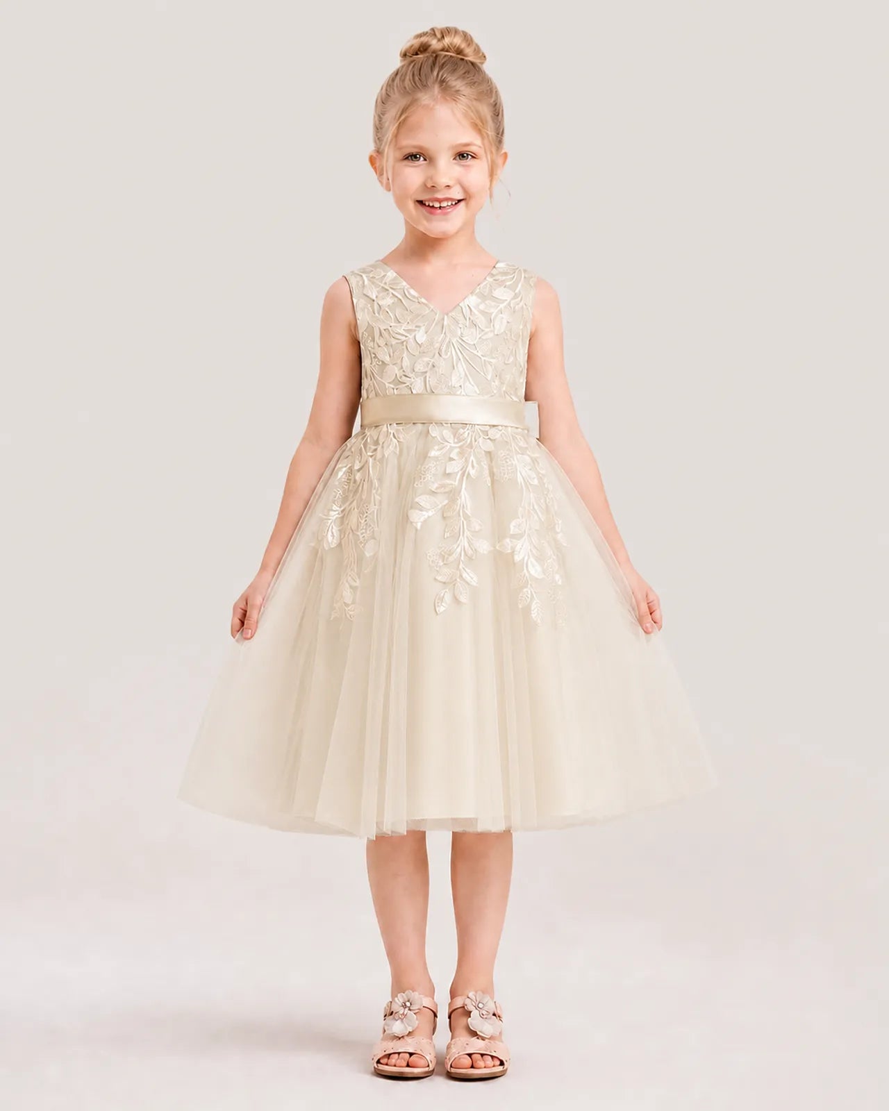 Dideyttawl Lace Satin Tulle Flower Girl Dress with Big Back Bow