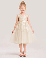 Champagne Satin and Tulle V-Neck A-Line Flower Girl Dresses Front View
