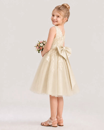 Dideyttawl Lace Satin Tulle Flower Girl Dress with Big Back Bow