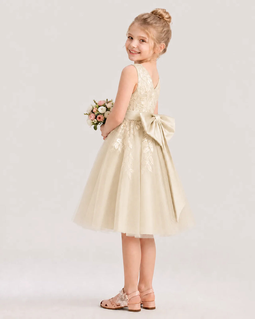 Champagne Satin and Tulle A-Line Flower Girl Dresses Side View