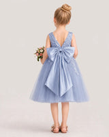 Dusty Blue Satin and Tulle V-Neck A-Line Flower Girl Dress Back View