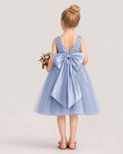 Dideyttawl Lace Satin Tulle Flower Girl Dress with Big Back Bow