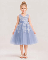 Dusty Blue Satin and Tulle V-Neck A-Line Flower Girl Dresses Front View