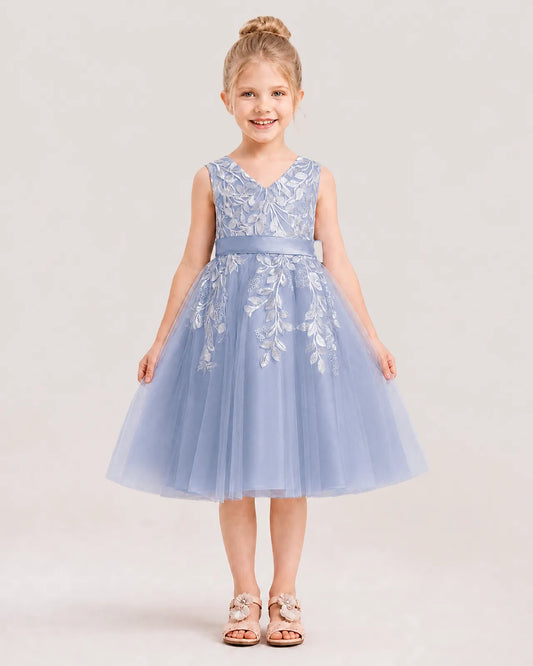 Dusty Blue Satin and Tulle V-Neck A-Line Flower Girl Dresses Front View