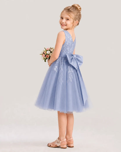 Dideyttawl Lace Satin Tulle Flower Girl Dress with Big Back Bow