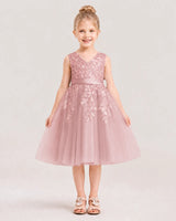 Dusty Rose Satin Tulle V-Neck A-Line Flower Girl Dresses Front View