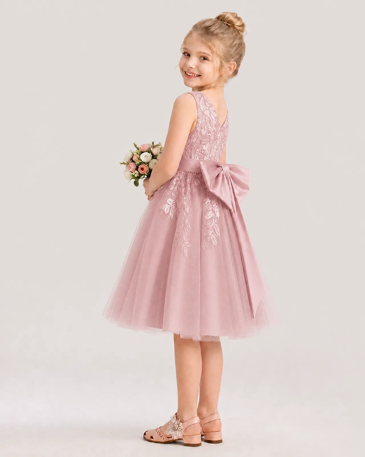 Dideyttawl Lace Satin Tulle Flower Girl Dress with Big Back Bow