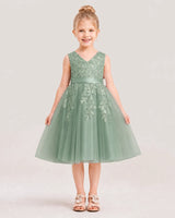 Eucalyptus Satin Tulle V-neck A-line Flower Girl Dresses Front View