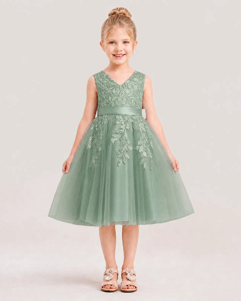 Eucalyptus Satin Tulle V-neck A-line Flower Girl Dresses Front View