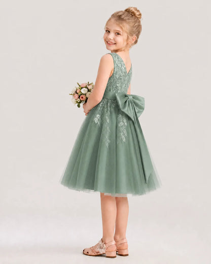 Dideyttawl Lace Satin Tulle Flower Girl Dress with Big Back Bow