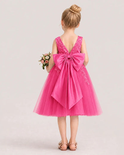 Dideyttawl Lace Satin Tulle Flower Girl Dress with Big Back Bow