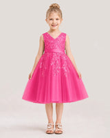 Hot Pink Satin and Tulle V-Neck A-Line Flower Girl Dresses Front View