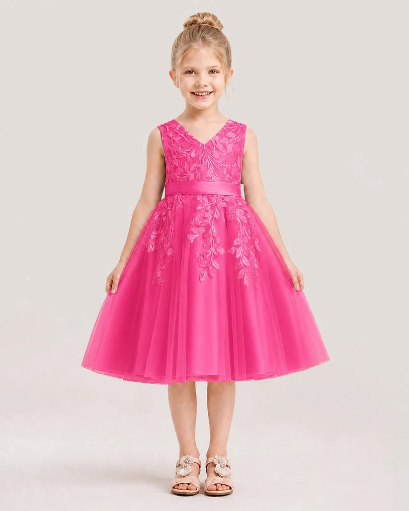 Hot Pink Satin and Tulle V-Neck A-Line Flower Girl Dresses Front View