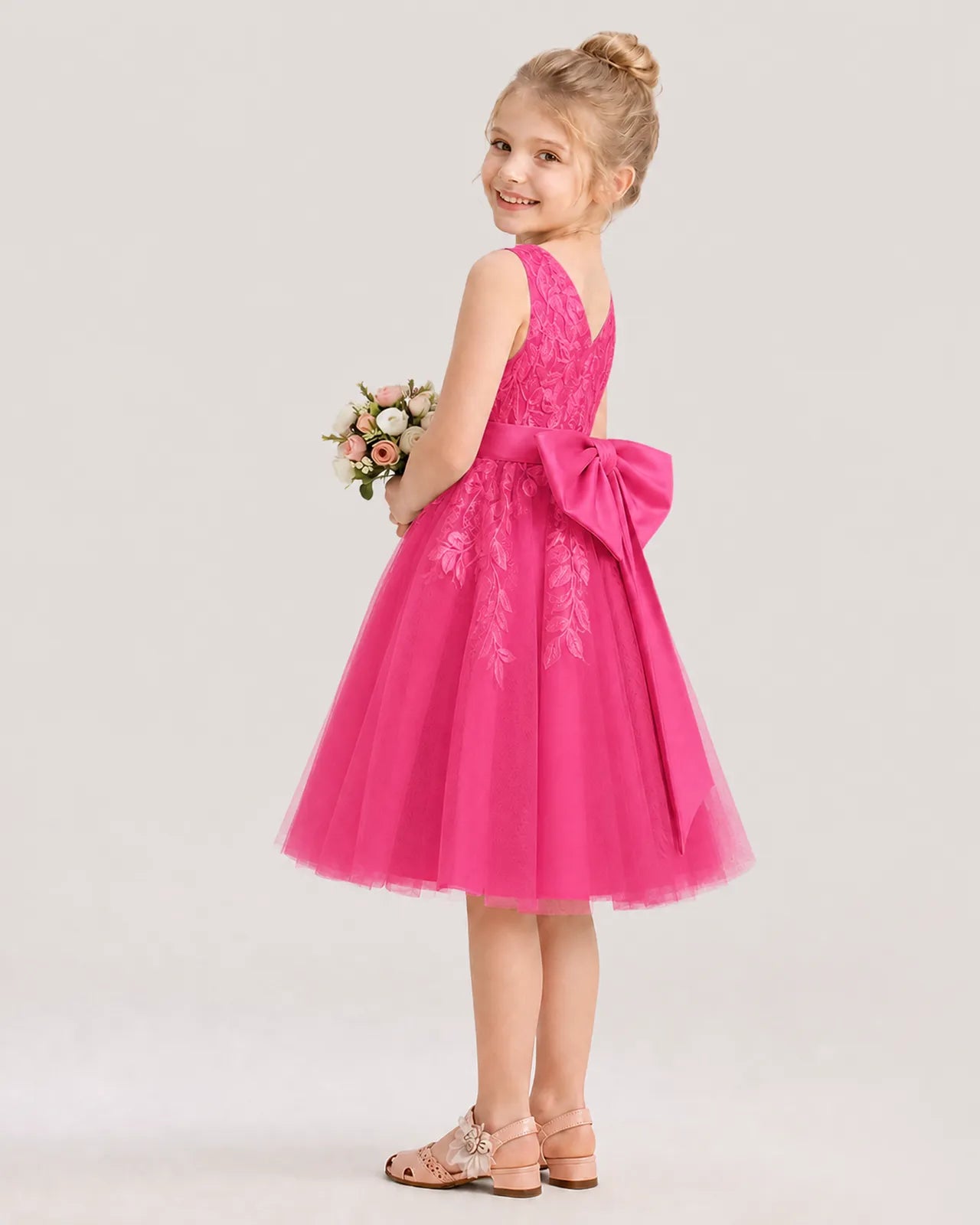 Dideyttawl Lace Satin Tulle Flower Girl Dress with Big Back Bow
