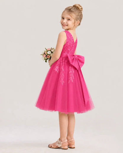Dideyttawl Lace Satin Tulle Flower Girl Dress with Big Back Bow