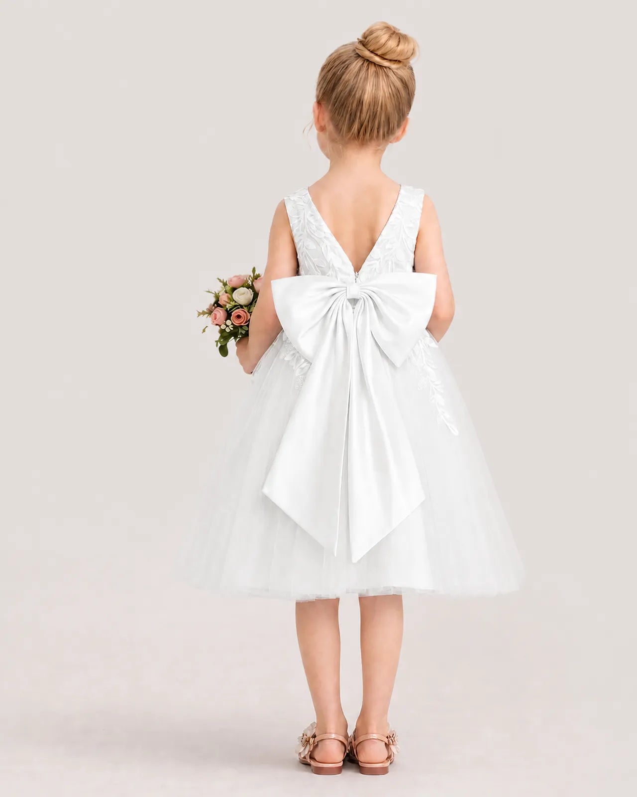 Dideyttawl Lace Satin Tulle Flower Girl Dress with Big Back Bow