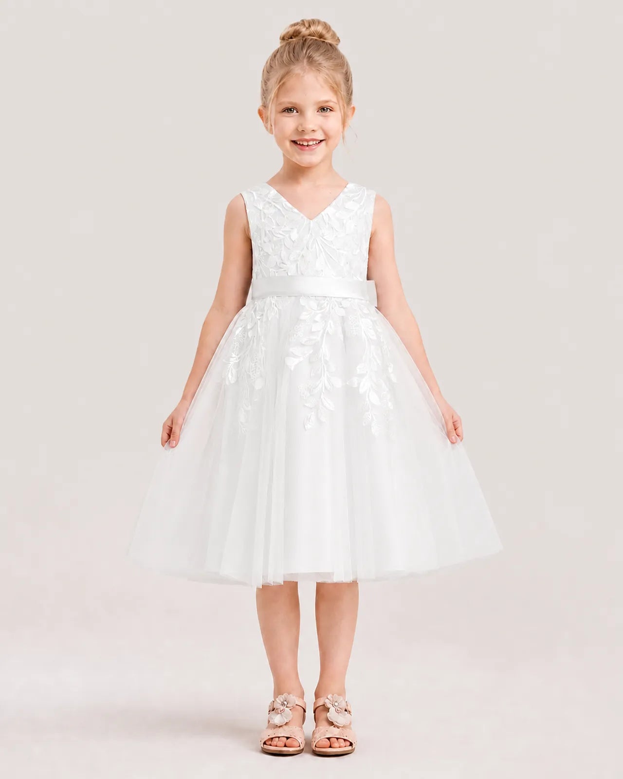 Dideyttawl Lace Satin Tulle Flower Girl Dress with Big Back Bow
