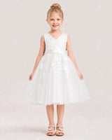Ivory Satin and Tulle V-Neck A-Line Flower Girl Dress Front View