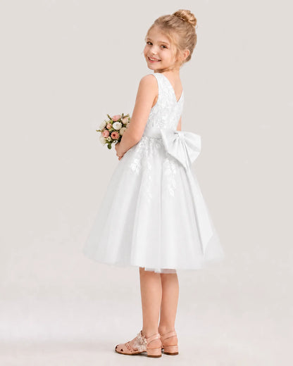 Dideyttawl Lace Satin Tulle Flower Girl Dress with Big Back Bow