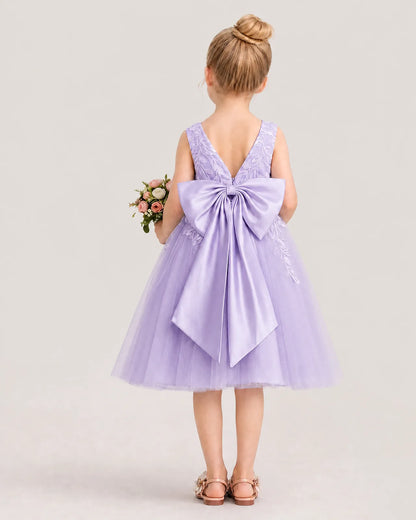 Dideyttawl Lace Satin Tulle Flower Girl Dress with Big Back Bow
