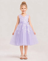 Lavender Satin Tulle V-Neck A-Line Flower Girl Dresses Front View