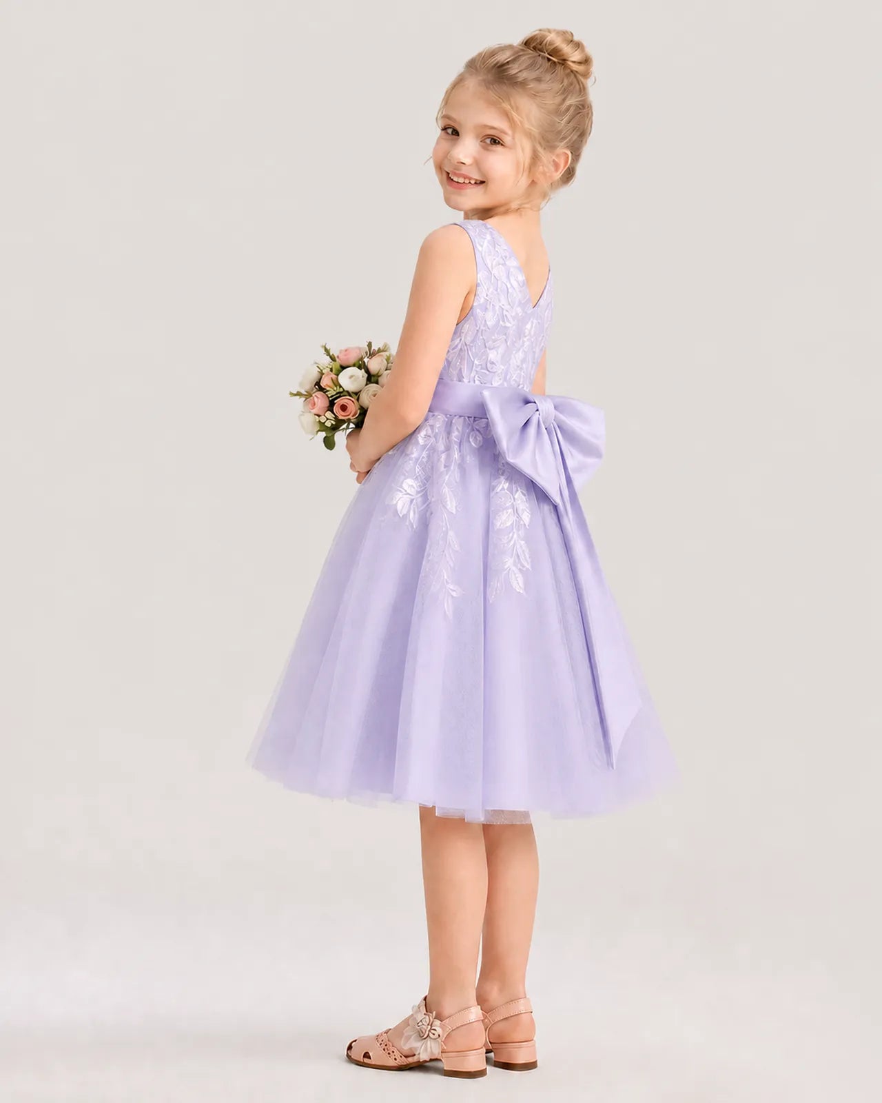 Dideyttawl Lace Satin Tulle Flower Girl Dress with Big Back Bow