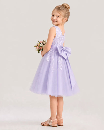 Dideyttawl Lace Satin Tulle Flower Girl Dress with Big Back Bow