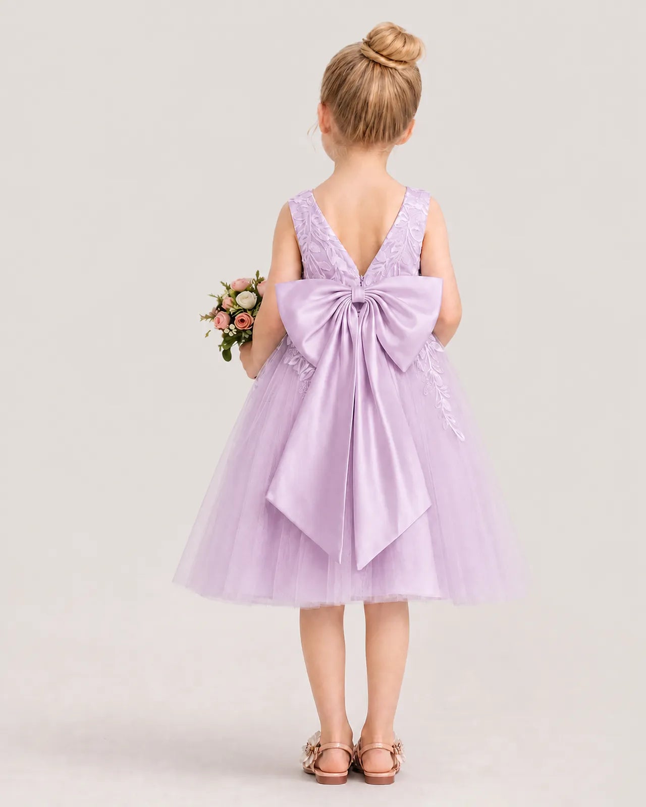 Dideyttawl Lace Satin Tulle Flower Girl Dress with Big Back Bow