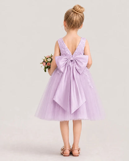 Dideyttawl Lace Satin Tulle Flower Girl Dress with Big Back Bow