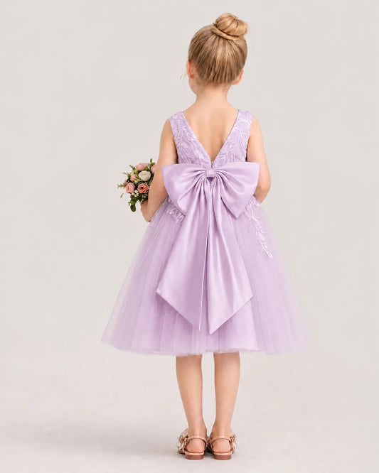 Lilac Satin and Tulle Bow Dress Flower Girl Dresses Back View