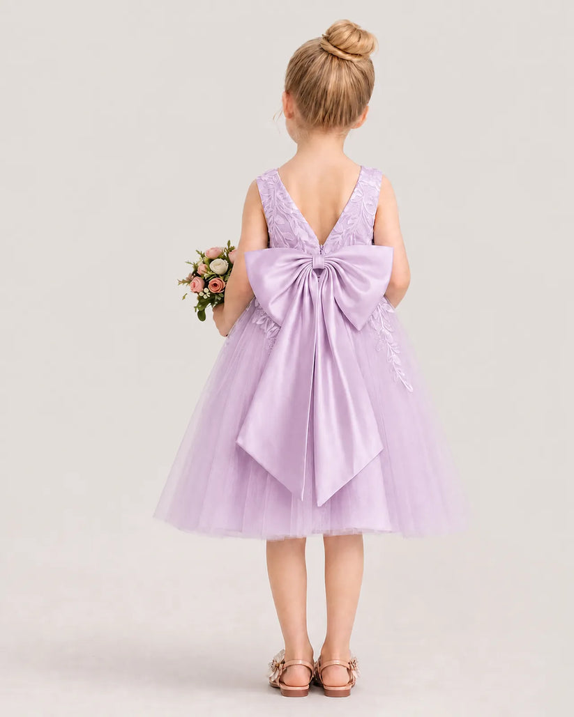Lilac Satin and Tulle Bow Dress Flower Girl Dresses Back View
