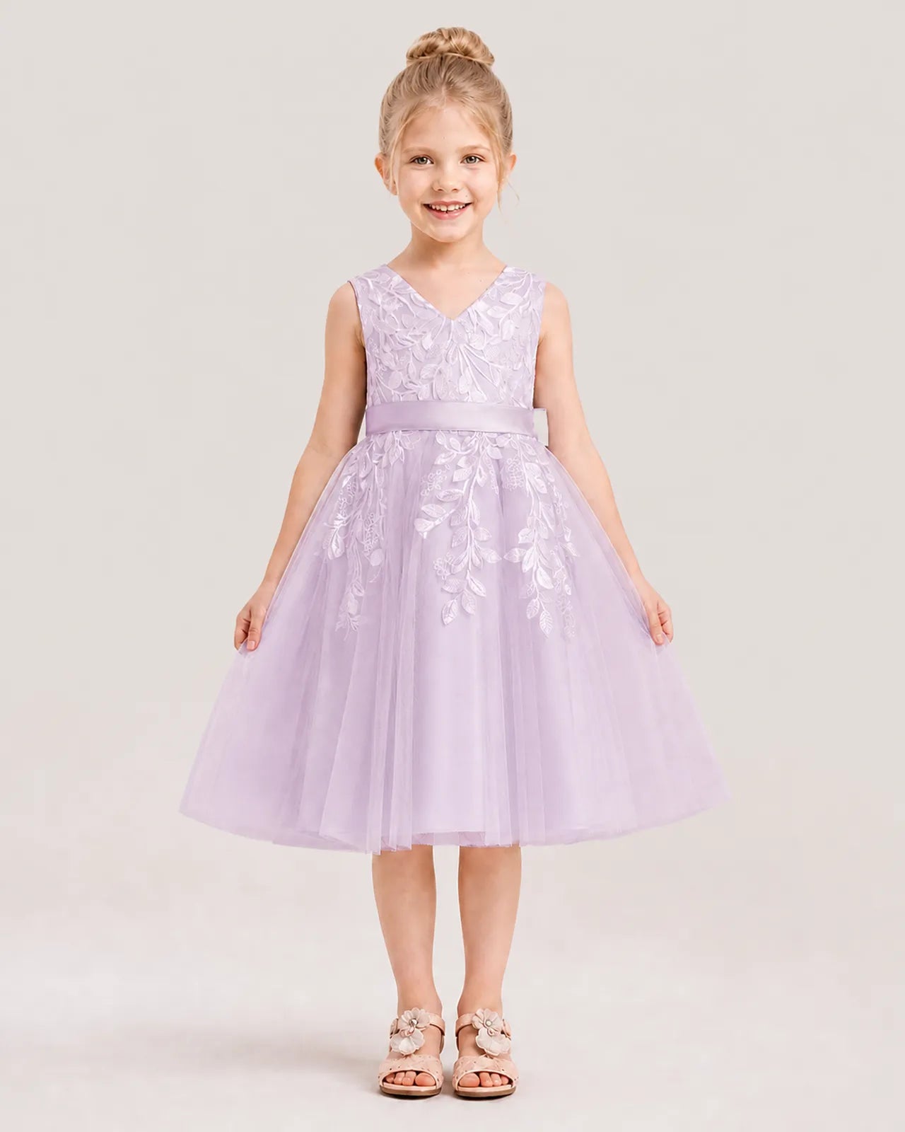 Dideyttawl Lace Satin Tulle Flower Girl Dress with Big Back Bow