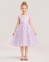 Lilac Satin and Tulle V-Neck A-Line Flower Girl Dresses Front View