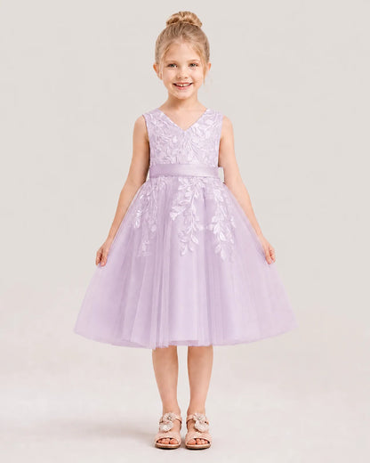 Dideyttawl Lace Satin Tulle Flower Girl Dress with Big Back Bow