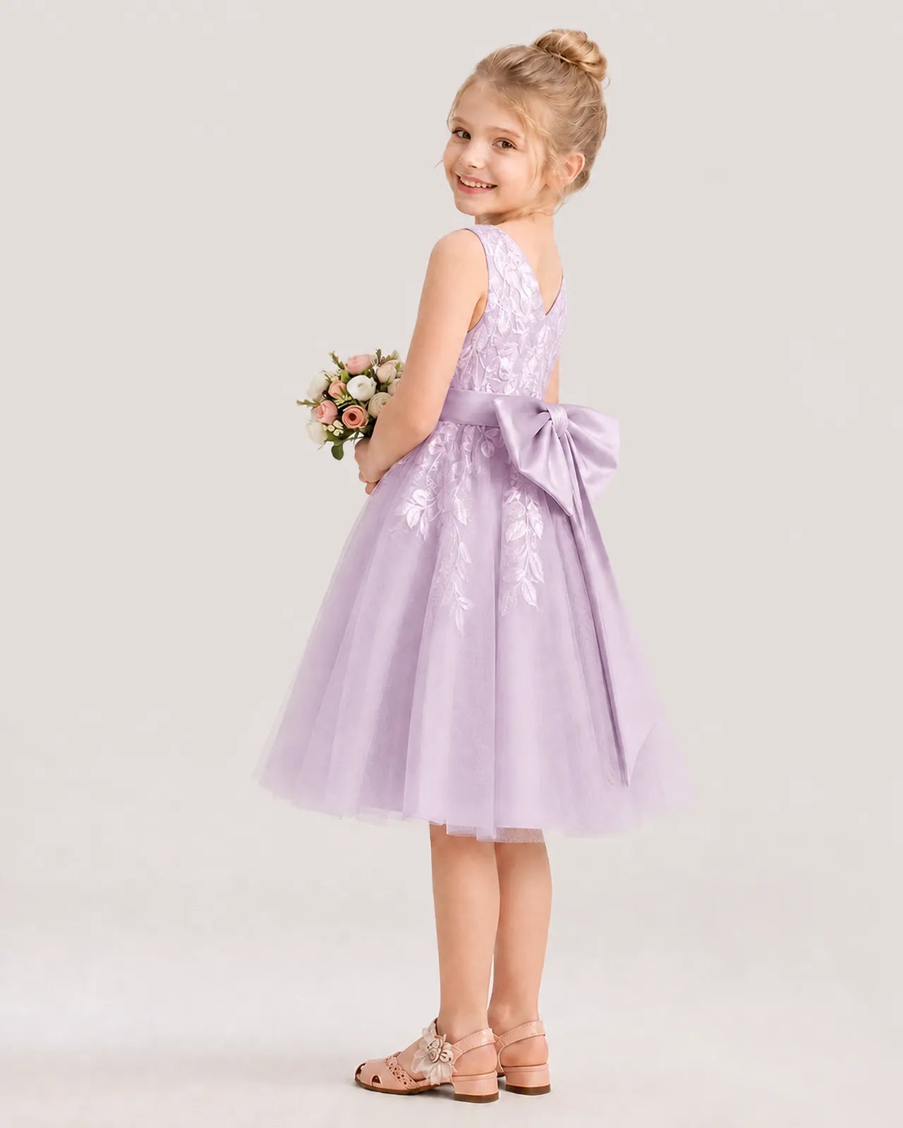 Dideyttawl Lace Satin Tulle Flower Girl Dress with Big Back Bow