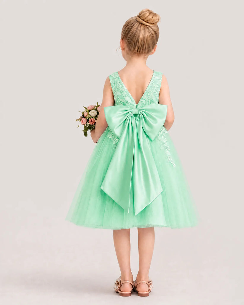 Mint green satin and tulle V-back flower girl dress, Back View